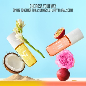 Sol De Janeiro Rio Radiance Perfume Mist duo shown with coconut, passionfruit, and florals on a split yellow and coral background.
