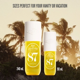 Sol De Janeiro Rio Radiance Perfume Mist in two sizes, 240ml and 90ml, yellow bottles with white caps, tropical background