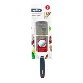 Zyliss Smooth Glide Fine Grater in silver with navy ergonomic handle and protective cover, shown in packaging