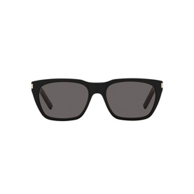 Saint Laurent SL 598 Rectangle Frame Sunglasses in black acetate with dark grey lenses and gold-tone temple detail