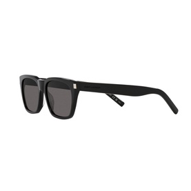 Saint Laurent SL 598 Rectangle Frame Sunglasses in black acetate with dark grey lenses and silver logo detail on temple