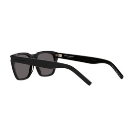 Saint Laurent SL 598 Rectangle Frame Sunglasses in black acetate, shown from rear angle with grey lenses and branded temple arms