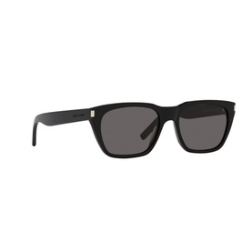 Saint Laurent SL 598 Rectangle Frame Sunglasses in black acetate with dark grey lenses and silver logo detail on temple