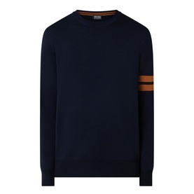 Zegna Wool Stripe Sleeve Sweater in navy, crew neck with tan stripe detail on sleeve and ribbed trims, 100% wool