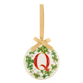Ceramic Christmas bauble ornament with letter Q, green holly wreath detail, red monogram panel, and gold ribbon hanger