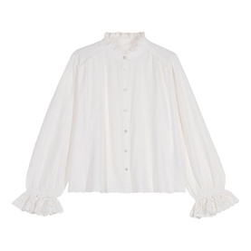 Bash Feely Shirt in cream, embroidered cotton-linen blend with ruffle high neck, button front, and ruffled cuffs