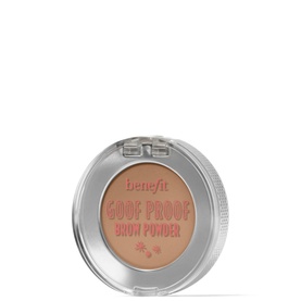 Benefit Goof Proof Brow Powder in compact silver case, warm taupe shade visible through clear lid