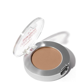 Benefit Goof Proof Brow Powder compact open, showing warm taupe pressed powder in silver case with mirrored lid