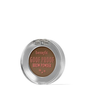 Benefit Goof Proof Brow Powder compact, open lid showing warm taupe pressed powder with branded pink and silver case