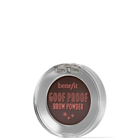 Benefit Goof Proof Brow Powder in a compact pot, deep brown shade, with coral branded lid detail