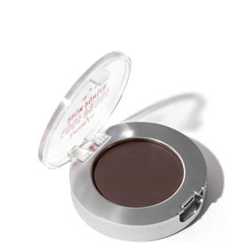 Benefit Goof Proof Brow Powder in open compact, showing deep brown pressed powder shade with silver case and clear lid