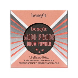 Benefit Goof Proof Brow Powder compact, coral and grey striped box with brand logo, 1.9g easy brow-filling powder