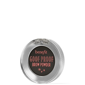 Benefit Goof Proof Brow Powder in a compact grey pan with mirrored lid, shown open to reveal dark brow powder shade
