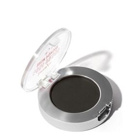 Benefit Goof Proof Brow Powder in open compact, showing deep charcoal-black pressed powder with silver case and clear lid