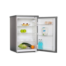 Powerpoint Tall Fridge Stainless Steel in silver, shown open with interior shelves, door compartments, and food items visible