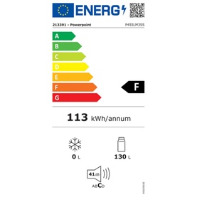 Powerpoint Tall Fridge Stainless Steel EU energy label, rated F, 113 kWh/annum, 130L fridge capacity, 41dB noise level