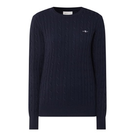 Gant Cable Knit Logo Sweater in dark blue with crew neck, cable knit texture, and small logo embroidery at chest