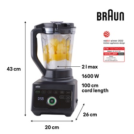 Braun black upright blender with clear jug, 43cm tall, 20cm wide, 26cm deep, 1600W, 21-speed settings, 100cm cord