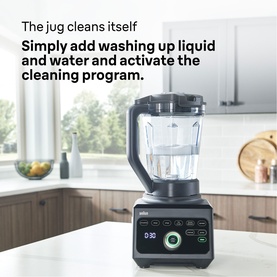 Braun blender with self-cleaning jug feature shown on kitchen counter, with on-screen text highlighting automatic cleaning program