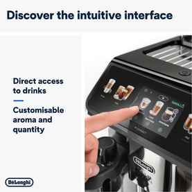 DeLonghi Eletta Explore Bean to Cup Coffee Machine touchscreen interface, showing drink selection menu with finger navigating options