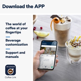 De'Longhi Coffee Link app displayed on smartphone, showing beverage customisation, alongside iced and hot coffee drinks.