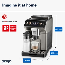 DeLonghi Eletta Explore Bean to Cup Coffee Machine in silver with Cold Brew Technology, dimensions shown: 385x480x260mm