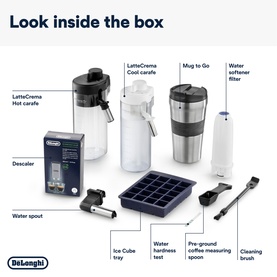 Delonghi Eletta Explore Coffee Machine box contents: LatteCrema carafes, Mug to Go, water filter, descaler, ice cube tray
