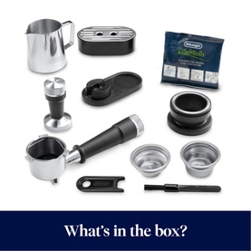De'Longhi La Specialista Arte Evo accessories including portafilter, milk jug, tamper, filters, cleaning brush and EcoDescaler sachet