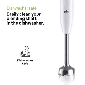 Braun hand blender in white with stainless steel blending shaft, shown with dishwasher safe icon and cleaning text.