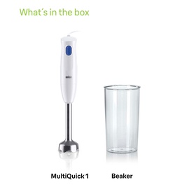 Braun MultiQuick 1 hand blender in white with stainless steel shaft and blue button, shown with included clear plastic beaker