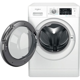 Whirlpool Black Line Freshcare 10Kg 1400 Spin washing machine in white, door open, showing dark drum interior