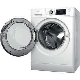 Whirlpool Black Line Freshcare 10Kg 1400 Spin washing machine in white, shown with door open at an angle