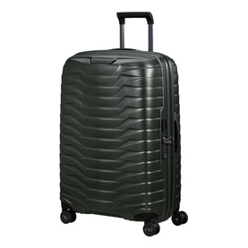 Samsonite Proxis Four-Wheel Spinner 69cm suitcase in green, with ripple-textured hard shell, telescopic handle, and dual spinner wheels