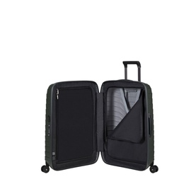 Samsonite Proxis Four-Wheel Spinner 69cm in green, open to reveal padded interior divider, cross straps, and four spinner wheels