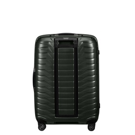 Samsonite Proxis Four-Wheel Spinner 69cm suitcase in green, showing rear view with retractable handle and four spinner wheels