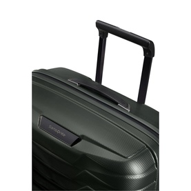 Samsonite Proxis Four-Wheel Spinner 69cm suitcase in green, showing extendable handle and top corner detail
