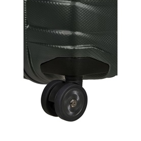 Samsonite Proxis Four-Wheel Spinner 69cm in green, close-up of dual spinner wheel and textured hardshell base corner