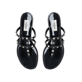 Valentino Rockstud Thong Sandals in black, flat sole, dual straps with silver stud detailing and toe post, overhead view