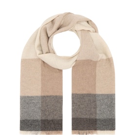 Brunello Cucinelli Wool-Cashmere Scarf in grey check with fringed ends, oblong shape in neutral tones of beige and grey