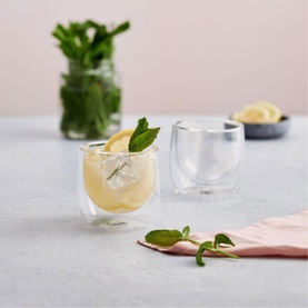 Judge Two Piece Tumbler Glass Set 200ml in clear borosilicate glass, double-wall construction, styled with iced drinks and mint garnish