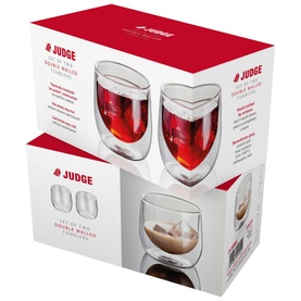 Judge Two Piece Tumbler Glass Set 200ml, clear borosilicate double-walled glasses in heart shape, shown boxed with two units