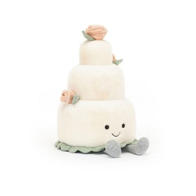 Jellycat Amuseable Wedding Cake 28cm cream three-tier plush soft toy with smiley face, pink roses, and sage green base