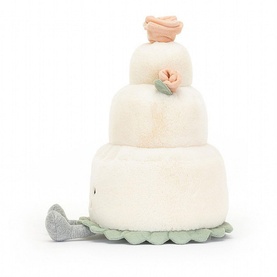 Jellycat Amuseable Wedding Cake 28cm cream three-tier plush soft toy with peach roses, green base trim, and grey feet, rear view