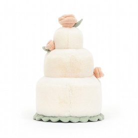 Jellycat Amuseable Wedding Cake 28cm cream plush soft toy, three-tier design with peach rose details and sage green scalloped base, rear view