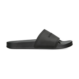 KG by Kurt Geiger Ibiza Slides in black, slip-on slide with wide branded strap, open toe, and flat synthetic sole