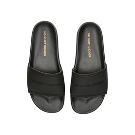KG by Kurt Geiger Ibiza Slides in black, slip-on style with wide logo strap, open toe, and black synthetic sole, top-down view