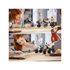 Lego NASA Mars Rover Perseverance Technic set, 1132 pieces, shown built with mini helicopter, child playing alongside in two-panel lifestyle image