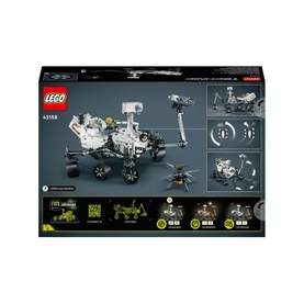 Lego Technic NASA Mars Rover Perseverance set box back, showing 1132-piece build, feature callouts and assembly detail images