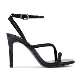 Carvela Paparazzi Strappy Heeled Sandals in black with crystal-embellished straps, slim ankle strap with silver buckle, and stiletto heel