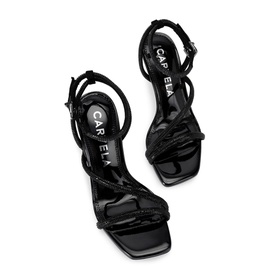 Carvela Paparazzi Strappy Heeled Sandals in black, metallic open-toe design with slim ankle strap, buckle fastening and stiletto heel, top-down view
